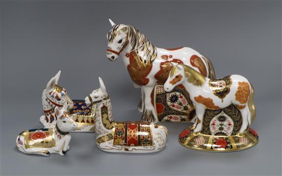 Five Royal Crown Derby paperweights: Llama, a Welsh Cob, an Epsom filly, Holly donkey and another donkey